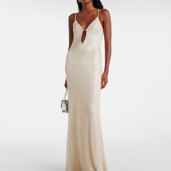 Self Portrait Cream Rhinestone Fishnet Maxi Dress - Picture 1 of 9